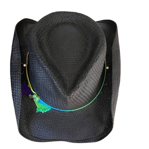 Scala Black Toyo Straw Cowboy Hat S/M Rainbow Band Western Style Rodeo Festival - Picture 3 of 12